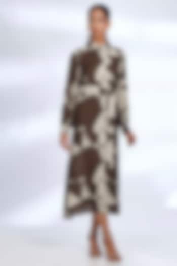 Brown & White Muslin Cotton Silk Abstract Digital Printed Shirt Summer Dress by Koai at Pernia's Pop Up Shop