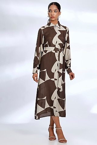 Brown & White Muslin Cotton Silk Abstract Digital Printed Shirt Dress by Koai