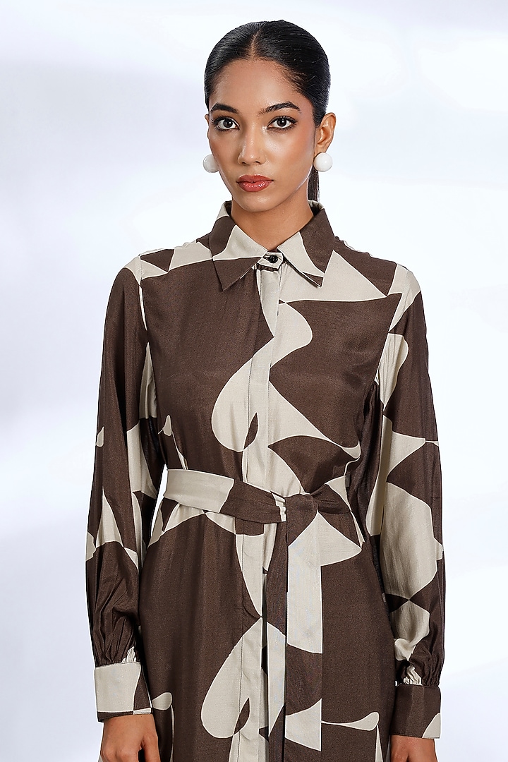 Brown & White Muslin Cotton Silk Abstract Digital Printed Shirt Summer Dress by Koai at Pernia's Pop Up Shop