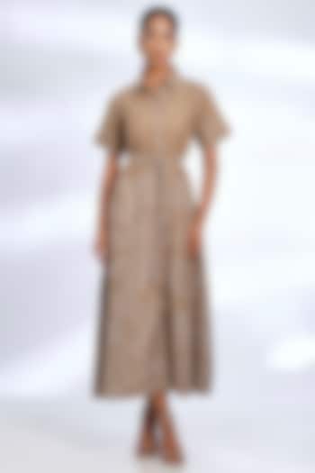 Light Brown Poplin Cotton Embroidered & Printed Shirt Vacation Dress by Koai at Pernia's Pop Up Shop