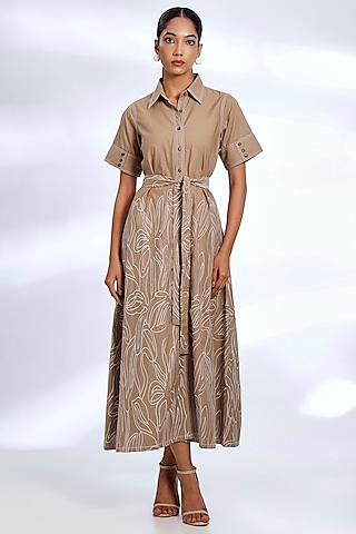 Light Brown Poplin Cotton Embroidered & Printed Shirt Dress by Koai