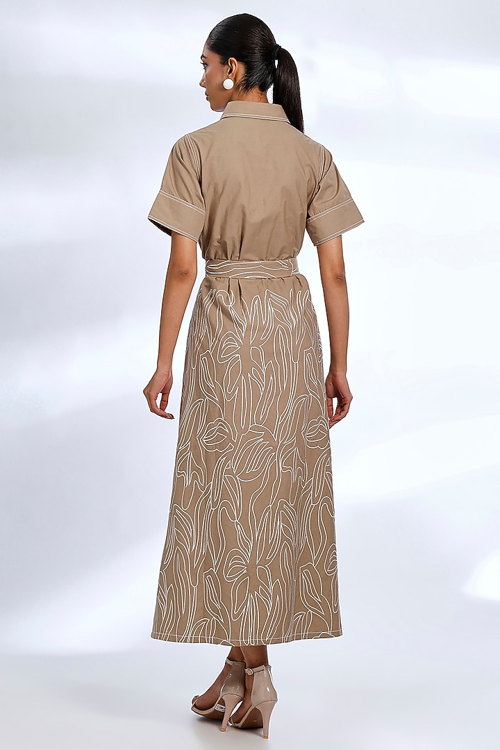 Light Brown Poplin Cotton Embroidered & Printed Shirt Vacation Dress by Koai at Pernia's Pop Up Shop