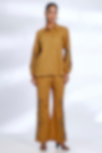 Dark Mustard Linen Embroidered & Printed Co-Ord Set by Koai at Pernia's Pop Up Shop