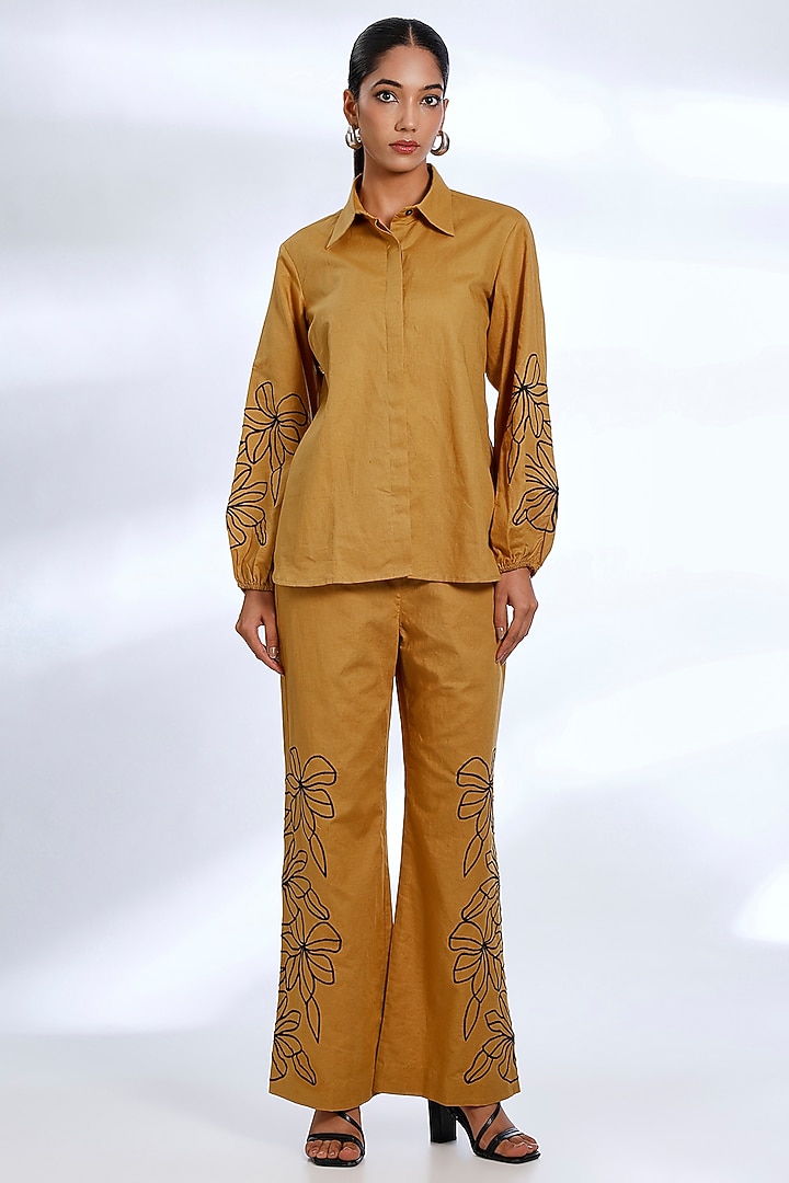 Dark Mustard Linen Embroidered & Printed Co-Ord Set by Koai at Pernia's Pop Up Shop