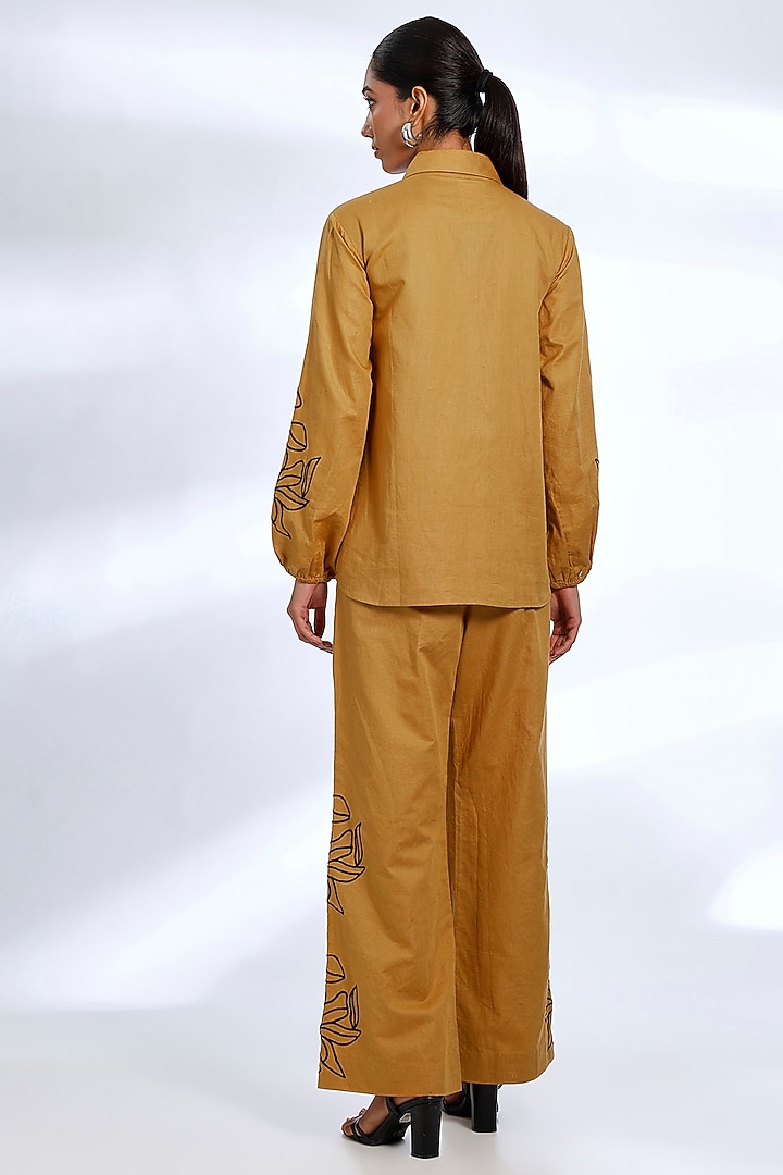 Dark Mustard Linen Embroidered & Printed Co-Ord Set by Koai at Pernia's Pop Up Shop