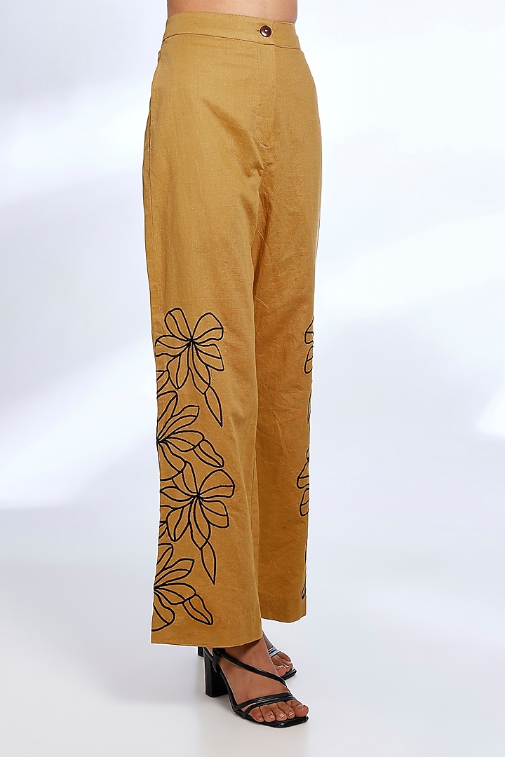 Dark Mustard Linen Embroidered & Printed Co-Ord Set by Koai at Pernia's Pop Up Shop