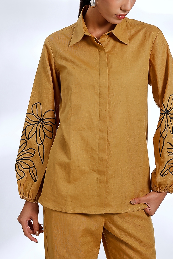 Dark Mustard Linen Embroidered & Printed Co-Ord Set by Koai at Pernia's Pop Up Shop