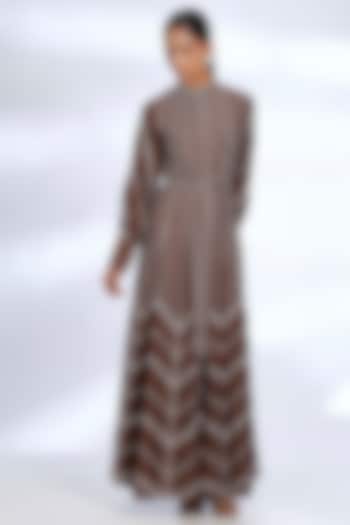 Brown Muslin Cotton Silk Digital Printed & Embroidered Shirt Vacation Dress by Koai at Pernia's Pop Up Shop