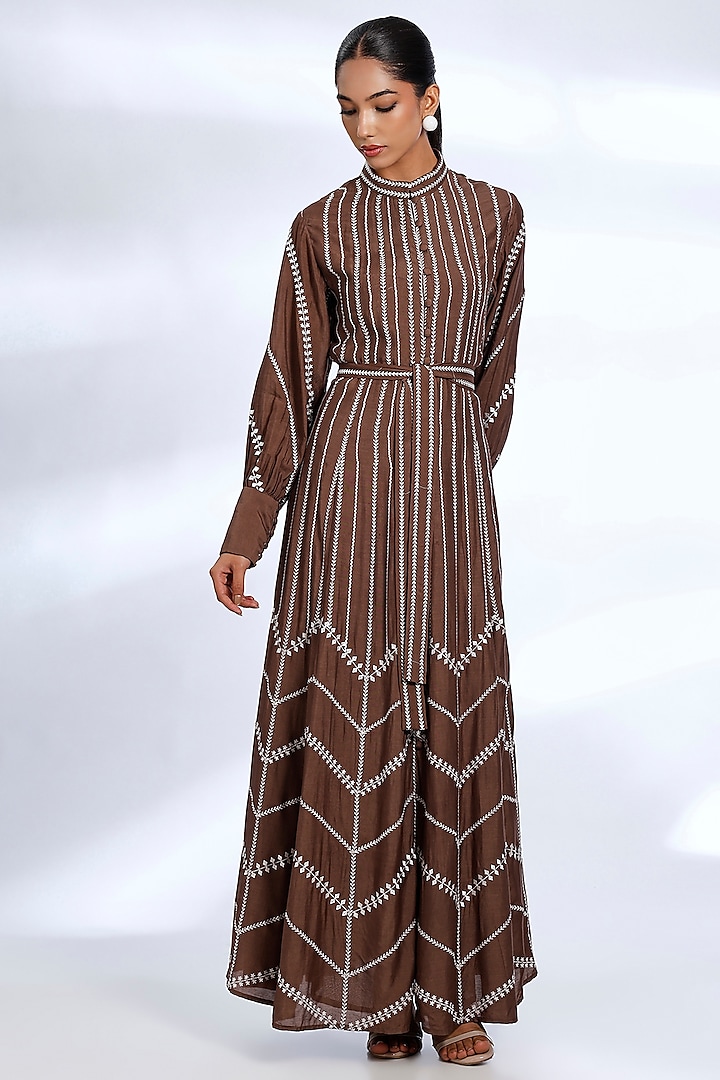 Brown Muslin Cotton Silk Digital Printed & Embroidered Shirt Vacation Dress by Koai at Pernia's Pop Up Shop