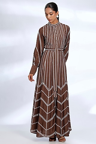 Brown Muslin Cotton Silk Digital Printed & Embroidered Shirt Dress by Koai