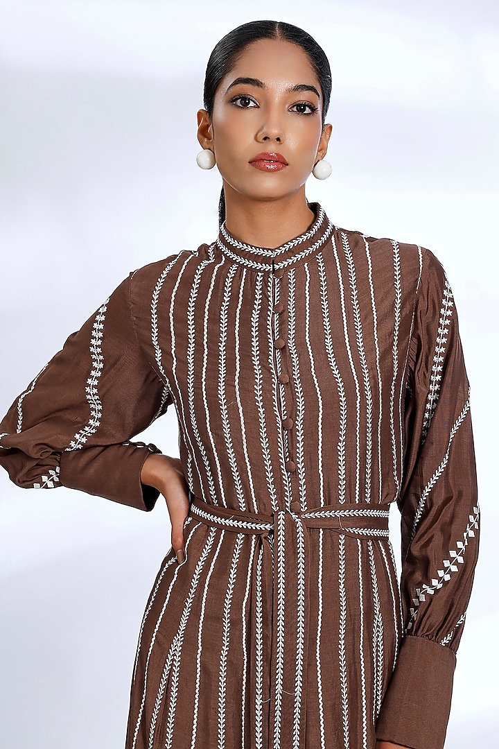 Brown Muslin Cotton Silk Digital Printed & Embroidered Shirt Vacation Dress  by Koai at Pernia's Pop Up Shop 2026