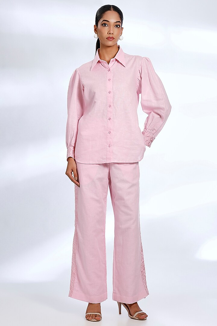 Light Pink Linen Embroidered & Digital Printed Co-Ord Set by Koai at Pernia's Pop Up Shop