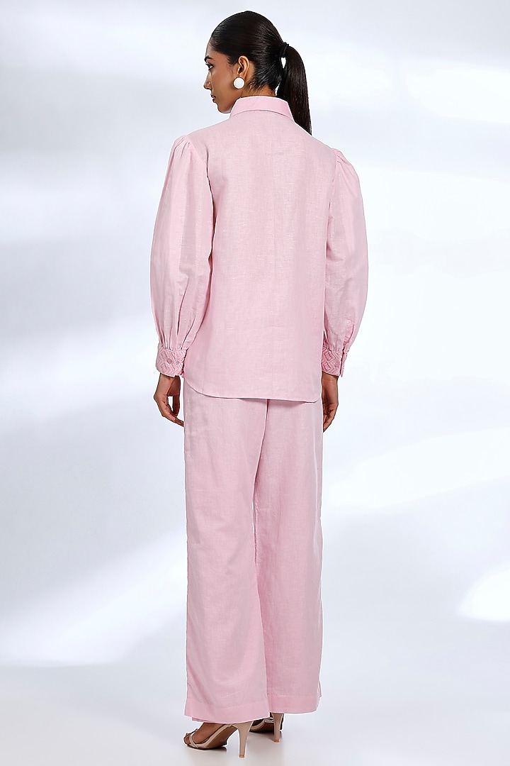 Light Pink Linen Embroidered & Digital Printed Co-Ord Set by Koai at Pernia's Pop Up Shop