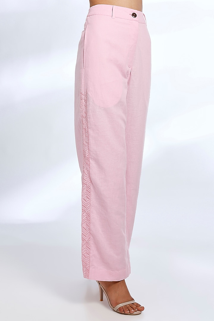 Light Pink Linen Embroidered & Digital Printed Co-Ord Set by Koai at Pernia's Pop Up Shop