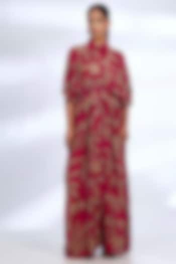 Red & Golden Muslin Cotton Silk Digital Printed Maxi Vacation Dress by Koai at Pernia's Pop Up Shop