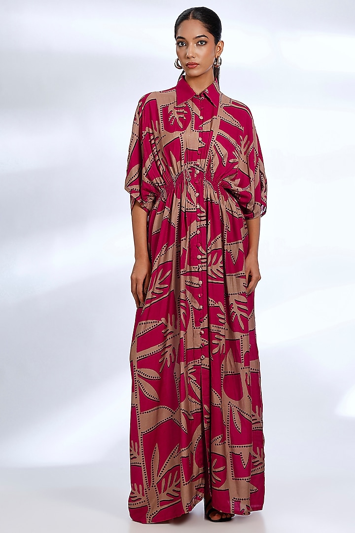 Red & Golden Muslin Cotton Silk Digital Printed Maxi Vacation Dress by Koai at Pernia's Pop Up Shop