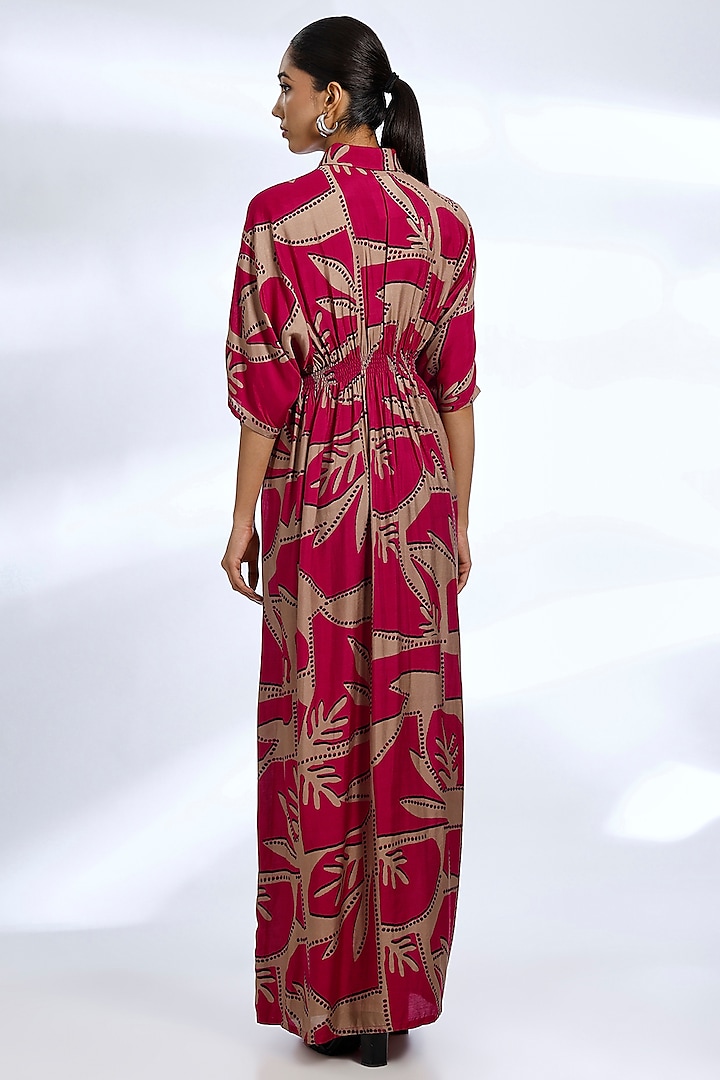 Red & Golden Muslin Cotton Silk Digital Printed Maxi Vacation Dress by Koai at Pernia's Pop Up Shop