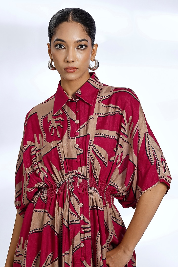 Red & Golden Muslin Cotton Silk Digital Printed Maxi Vacation Dress by Koai at Pernia's Pop Up Shop