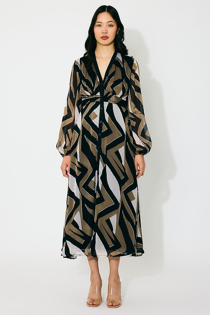 Black & Gold Chiffon Pattern Midi Vacation Dress by Koai at Pernia's Pop Up Shop