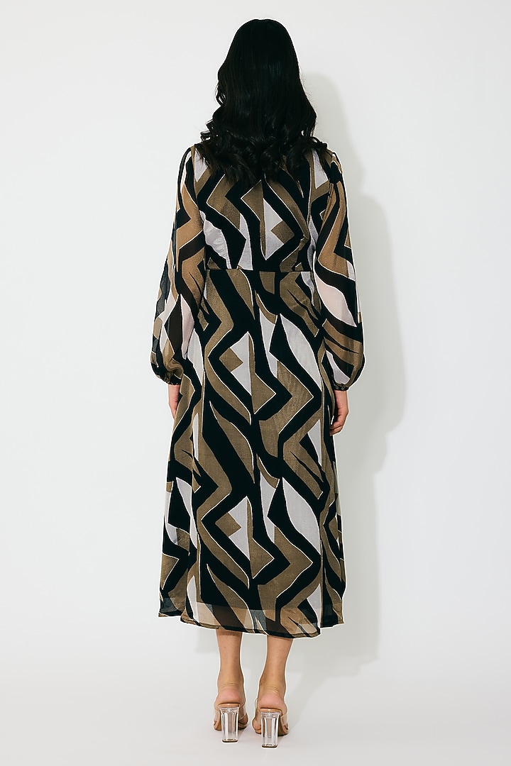 Black & Gold Chiffon Pattern Midi Vacation Dress by Koai at Pernia's Pop Up Shop