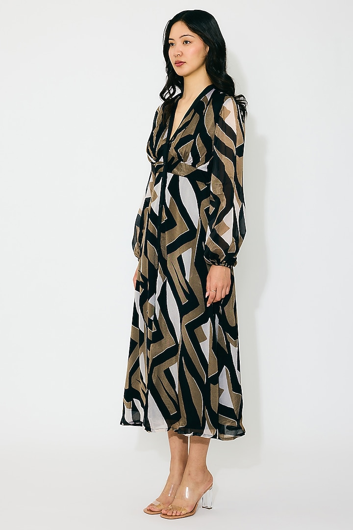 Black & Gold Chiffon Pattern Midi Vacation Dress by Koai at Pernia's Pop Up Shop