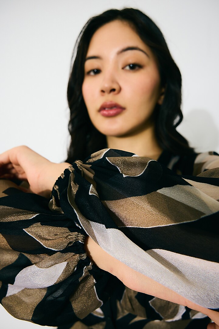 Black & Gold Chiffon Pattern Midi Vacation Dress by Koai at Pernia's Pop Up Shop