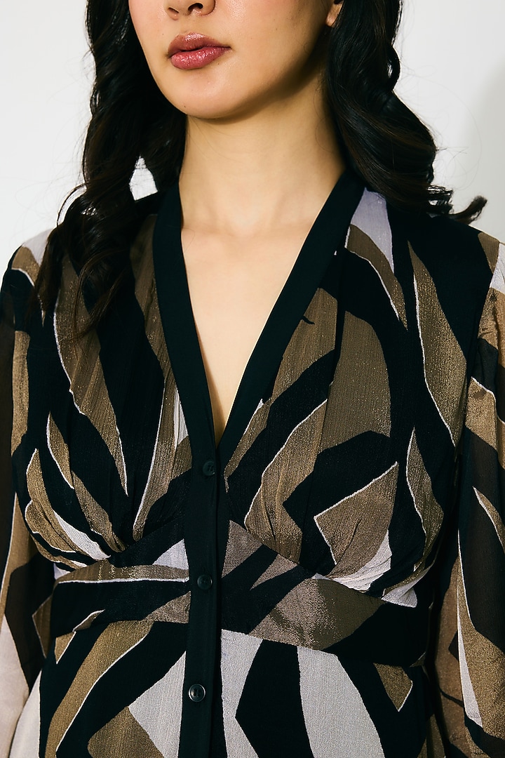 Black & Gold Chiffon Pattern Midi Vacation Dress by Koai at Pernia's Pop Up Shop