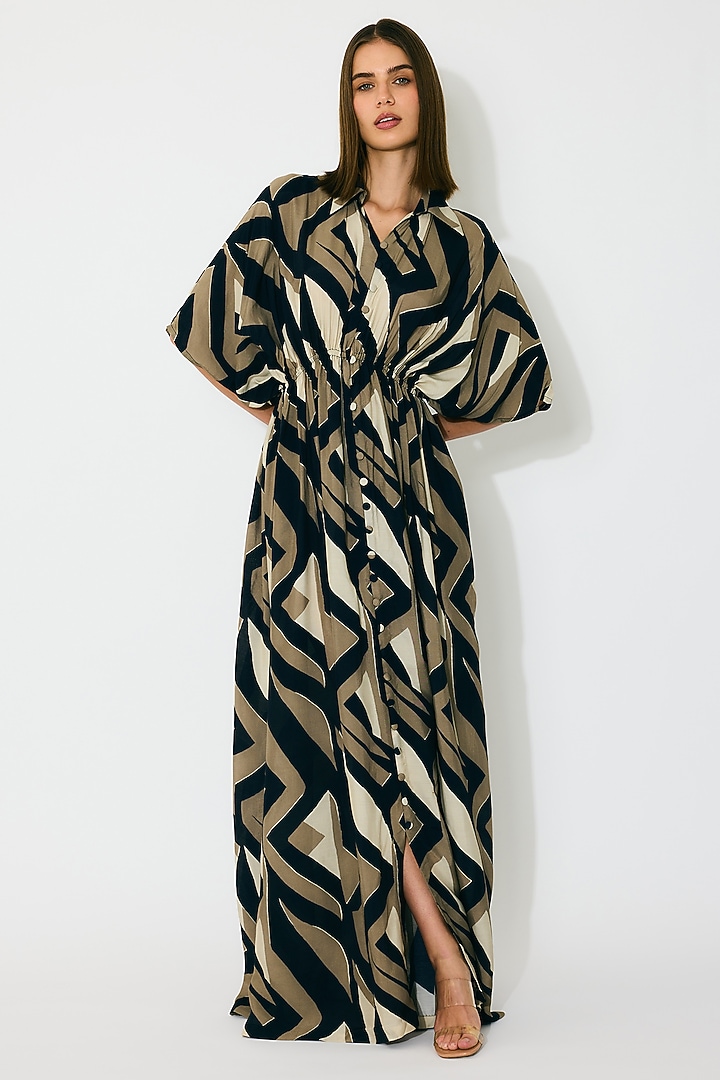 Black & Gold Muslin Cotton Silk Pattern Kaftan Dress by Koai at Pernia's Pop Up Shop