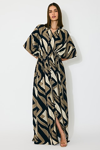 Black & Gold Muslin Cotton Silk Pattern Kaftan Dress by Koai