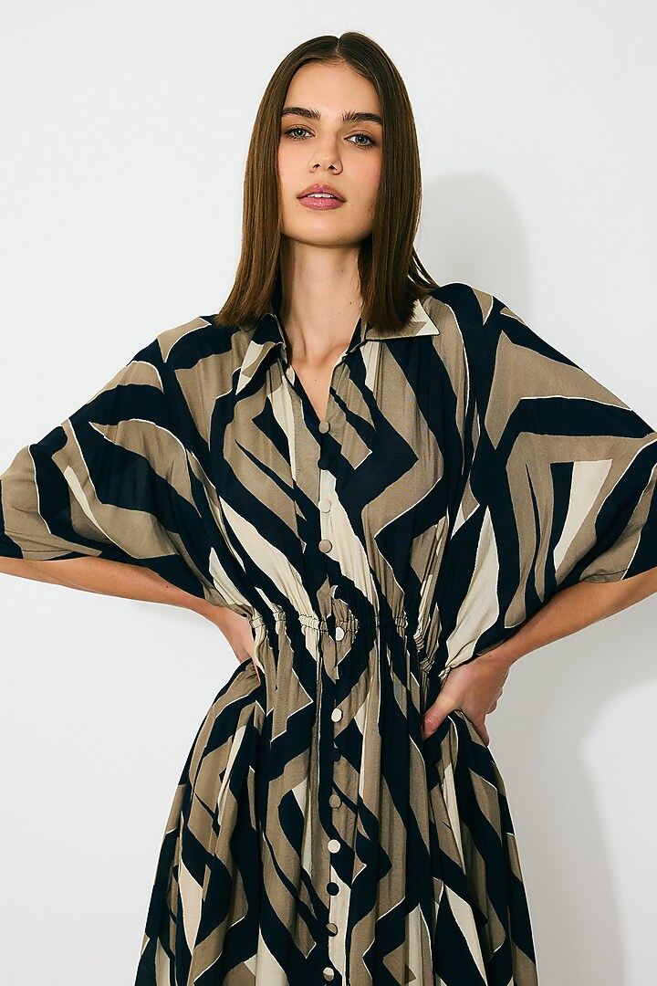 Black & Gold Muslin Cotton Silk Pattern Kaftan Dress by Koai at Pernia's Pop Up Shop