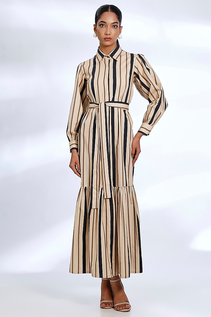 Cream & Dark Green Poplin Cotton Stripe Digital Printed Shirt Vacation Dress by Koai at Pernia's Pop Up Shop