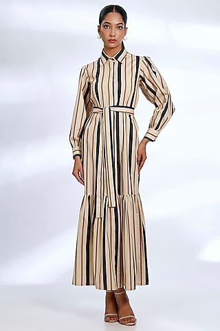 Cream & Dark Green Poplin Cotton Stripe Digital Printed Shirt Dress by Koai