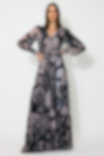 Dark Blue & Peach Chiffon Floral Wrap Vacation Dress by Koai at Pernia's Pop Up Shop