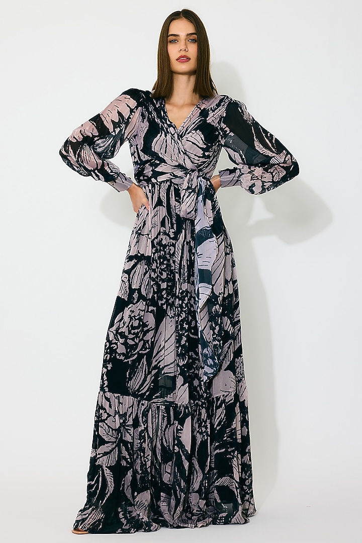 Dark Blue & Peach Chiffon Floral Wrap Vacation Dress by Koai at Pernia's Pop Up Shop