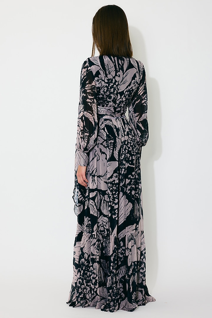 Dark Blue & Peach Chiffon Floral Wrap Vacation Dress by Koai at Pernia's Pop Up Shop