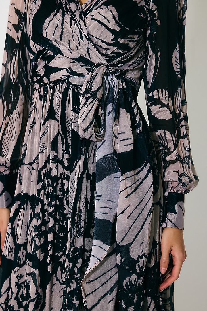 Dark Blue & Peach Chiffon Floral Wrap Vacation Dress by Koai at Pernia's Pop Up Shop