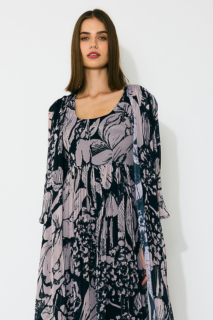 Dark Blue & Peach Chiffon Floral Wrap Vacation Dress by Koai at Pernia's Pop Up Shop