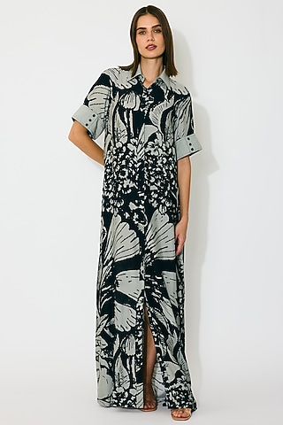 Grey & Black Muslin Cotton Silk Floral Shirt Dress by Koai