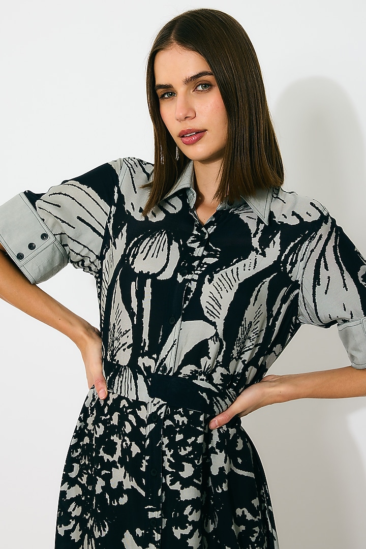 Grey & Black Muslin Cotton Silk Floral Shirt Vacation Dress by Koai at Pernia's Pop Up Shop