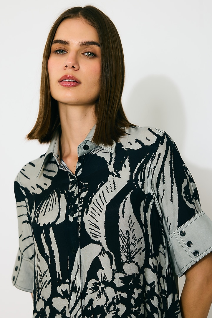 Grey & Black Muslin Cotton Silk Floral Shirt Vacation Dress by Koai at Pernia's Pop Up Shop