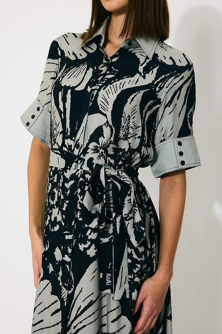 Grey & Black Muslin Cotton Silk Floral Shirt Vacation Dress by Koai at Pernia's Pop Up Shop