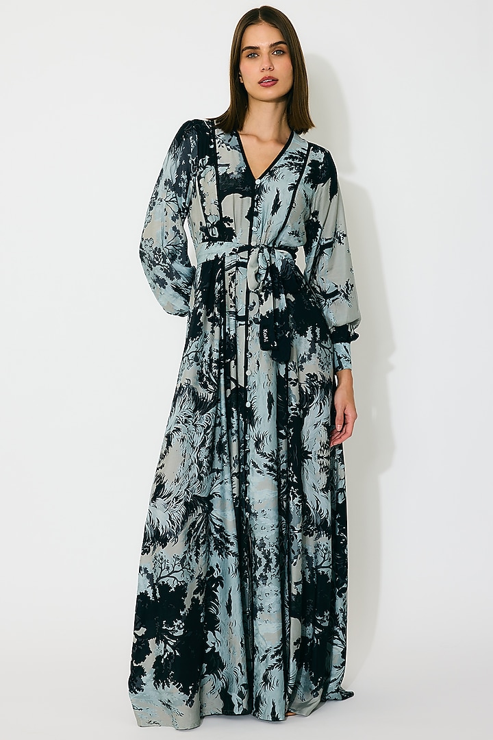 Blue & Black Muslin Cotton Silk Toile Printed Vacation Dress by Koai at Pernia's Pop Up Shop