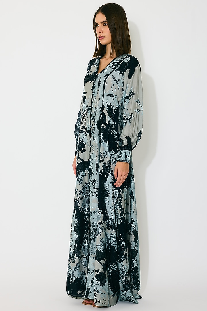 Blue & Black Muslin Cotton Silk Toile Printed Vacation Dress by Koai at Pernia's Pop Up Shop