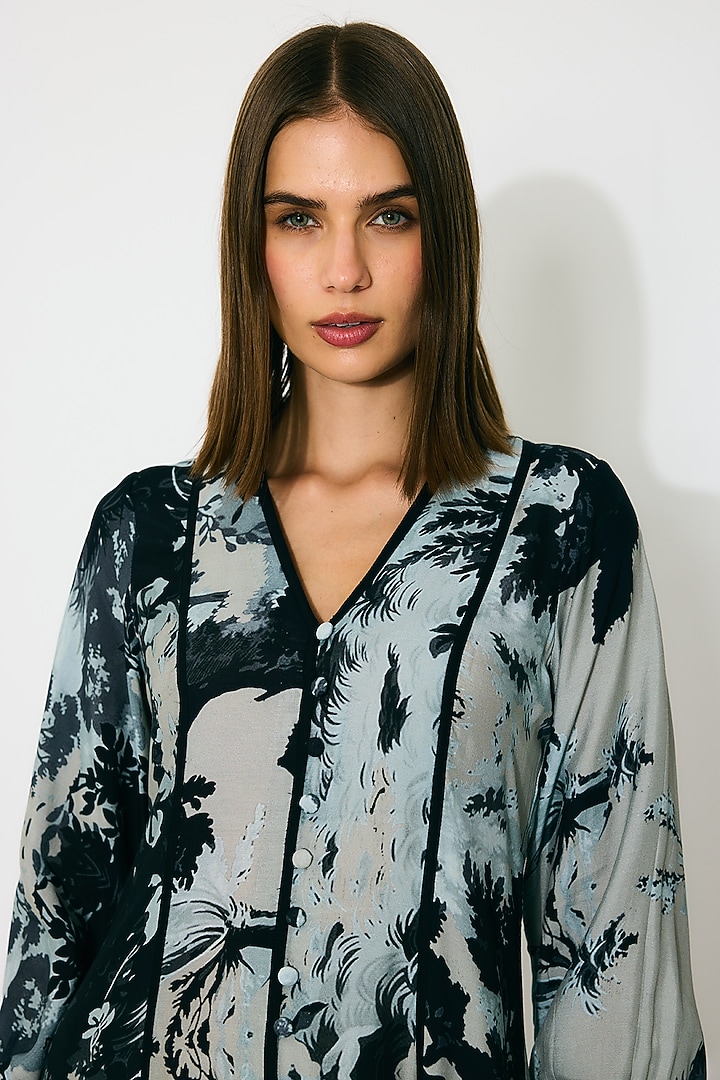 Blue & Black Muslin Cotton Silk Toile Printed Vacation Dress by Koai at Pernia's Pop Up Shop