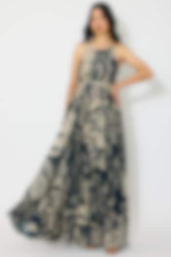 Blue & Beige Muslin Cotton Silk Floral Maxi Vacation Dress by Koai at Pernia's Pop Up Shop