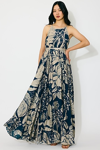 Blue & Beige Muslin Cotton Silk Floral Maxi Dress by Koai