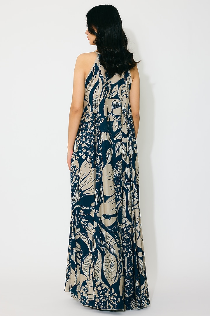 Blue & Beige Muslin Cotton Silk Floral Maxi Vacation Dress by Koai at Pernia's Pop Up Shop