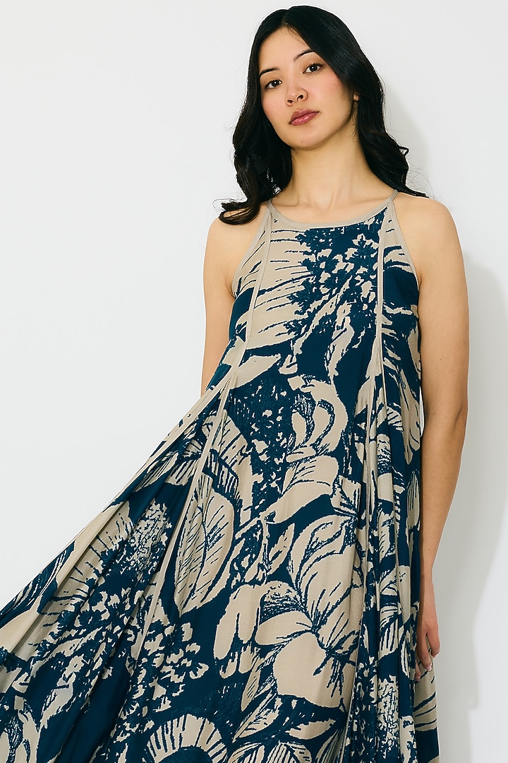 Blue & Beige Muslin Cotton Silk Floral Maxi Vacation Dress by Koai at Pernia's Pop Up Shop