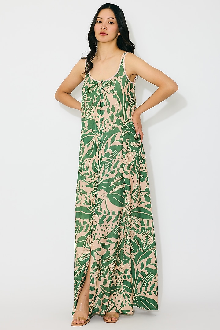 Peach & Green Muslin Cotton Silk Maxi Vacation Dress by Koai at Pernia's Pop Up Shop
