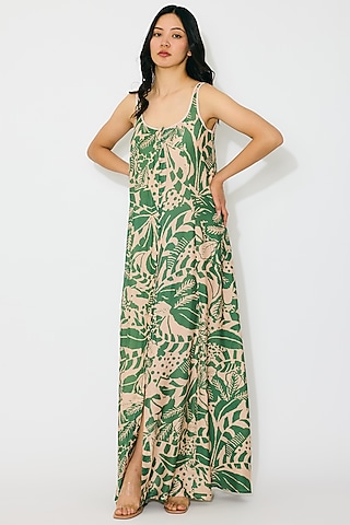 Peach & Green Muslin Cotton Silk Maxi Dress by Koai
